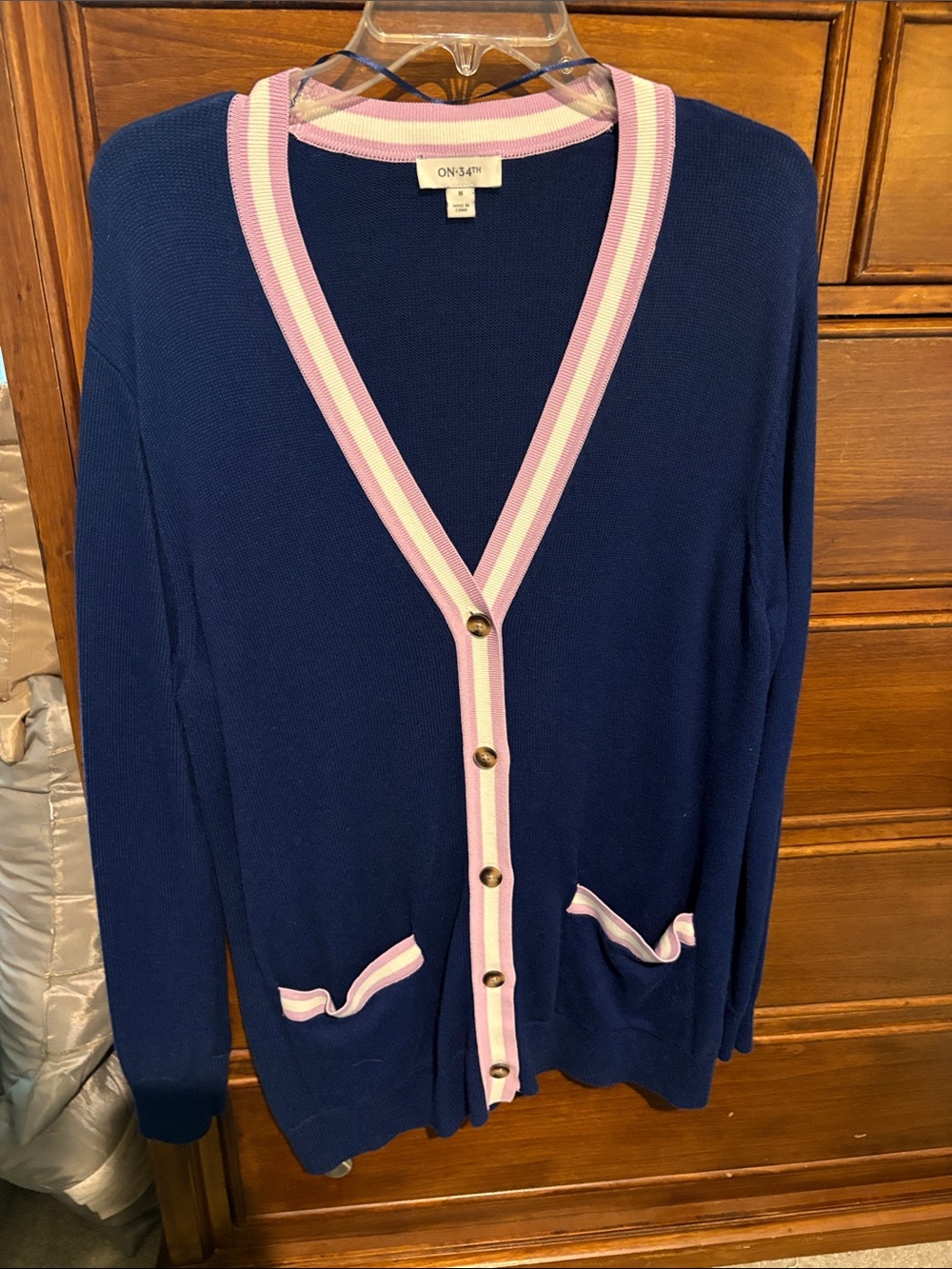 On‌-34th Navy Cardigan with Pink Trim